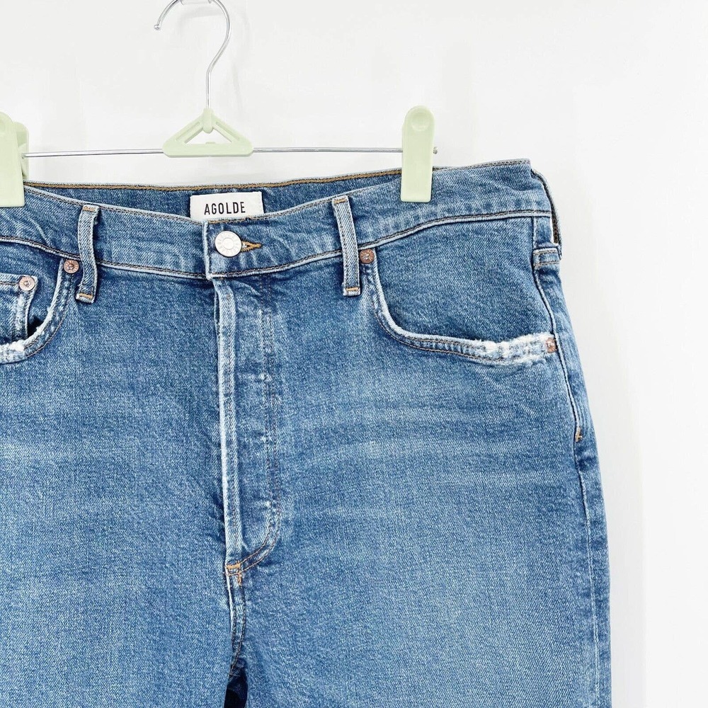 Agolde Riley Straight Crop Jeans Sz 32 Blue High Rise Button Fly Distressed - Picture 2 of 12